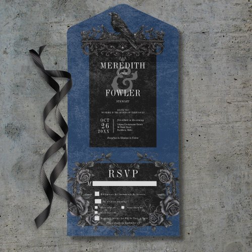 Gothic Black Raven  Black Roses Blue Dinner All In One Invitation