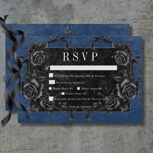 Gothic Black Raven  Black Roses Blue Dinner RSVP Card