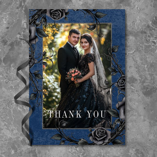 Gothic Black Raven Black Roses Blue Photo Wedding Thank You Card