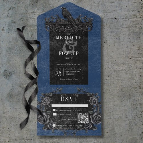 Gothic Black Raven  Black Roses Blue QR Code All In One Invitation
