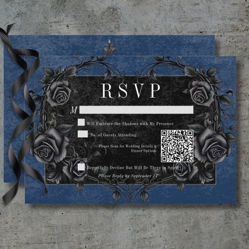 Gothic Black Raven  Black Roses Blue QR Code RSVP Card