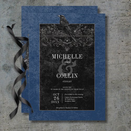 Gothic Black Raven  Black Roses Blue Wedding Invitation