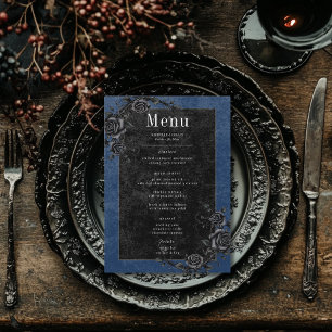 Gothic Black Raven & Black Roses Blue Wedding Menu