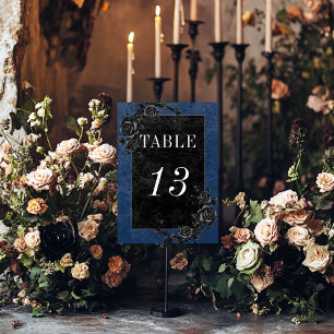 Gothic Black Raven & Black Roses Blue Wedding Table Number