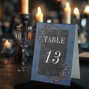 Gothic Black Raven & Black Roses Blue Wedding Table Tent
