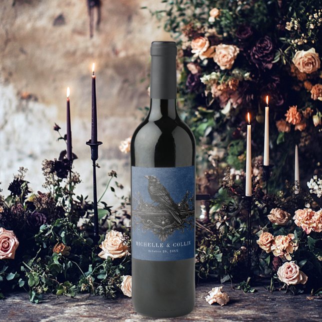 Gothic Black Raven & Black Roses Blue Wedding Wine Label (Creator Uploaded)