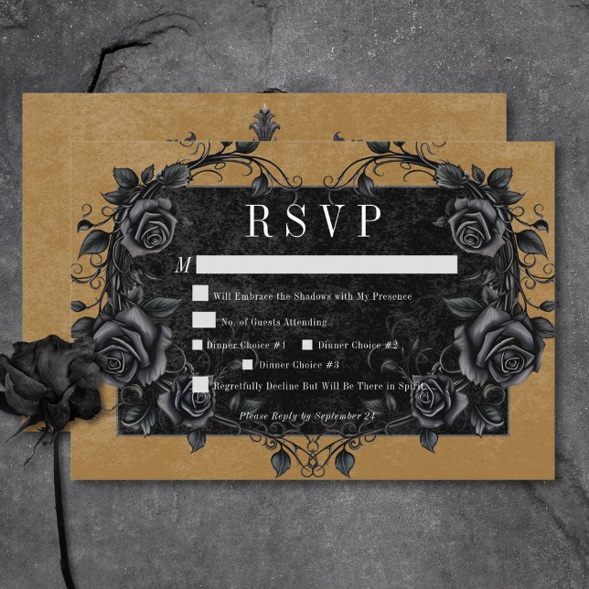 Gothic Black Raven & Black Roses Gold Dinner RSVP Card (Gothic Black Raven & Black Roses Gold Dinner RSVP Card)