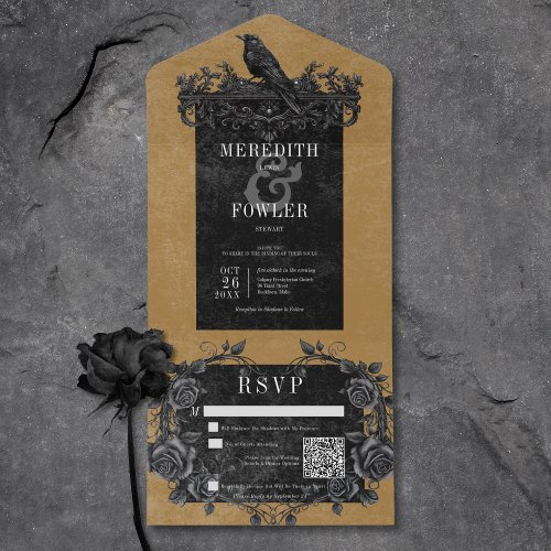 Gothic Black Raven  Black Roses Gold QR Code All In One Invitation