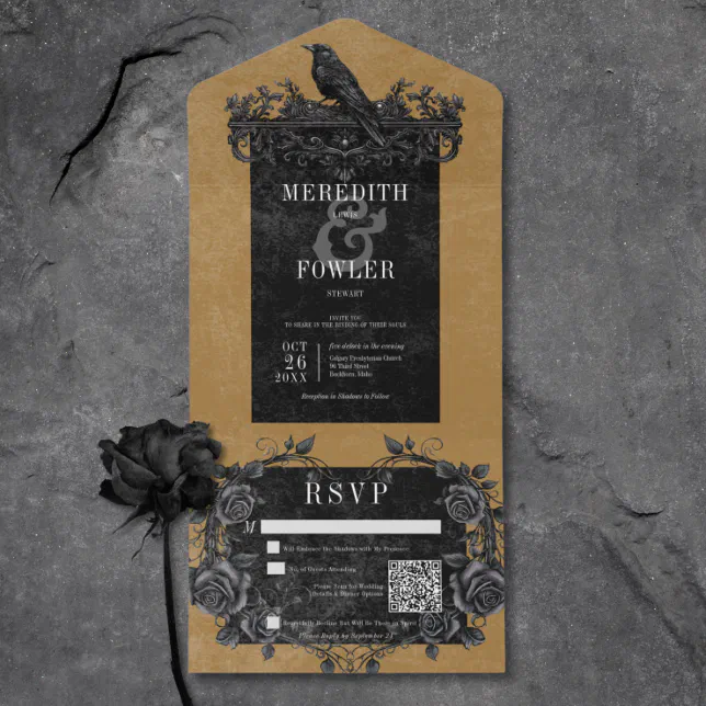 Gothic Black Raven & Black Roses Gold QR Code All In One Invitation ...