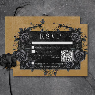 Gothic Black Raven & Black Roses Gold QR Code RSVP Card