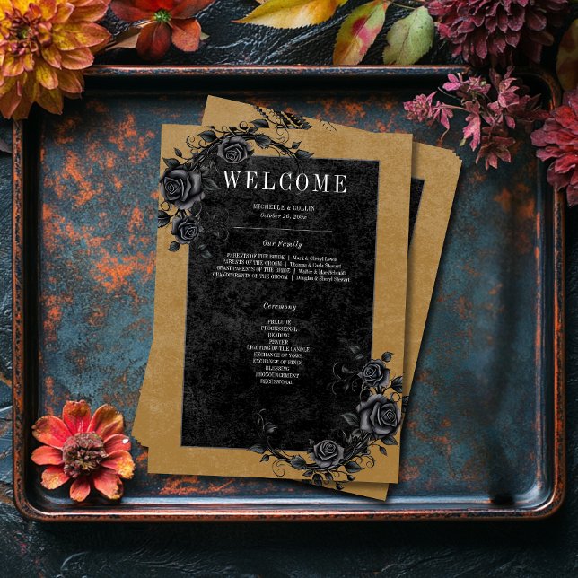 Gothic Black Raven & Black Roses Gold Wedding Program (Creator Uploaded)