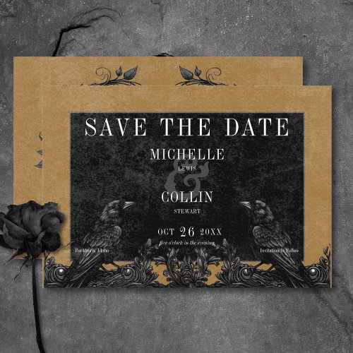 Gothic Black Raven  Black Roses Gold Wedding Save The Date