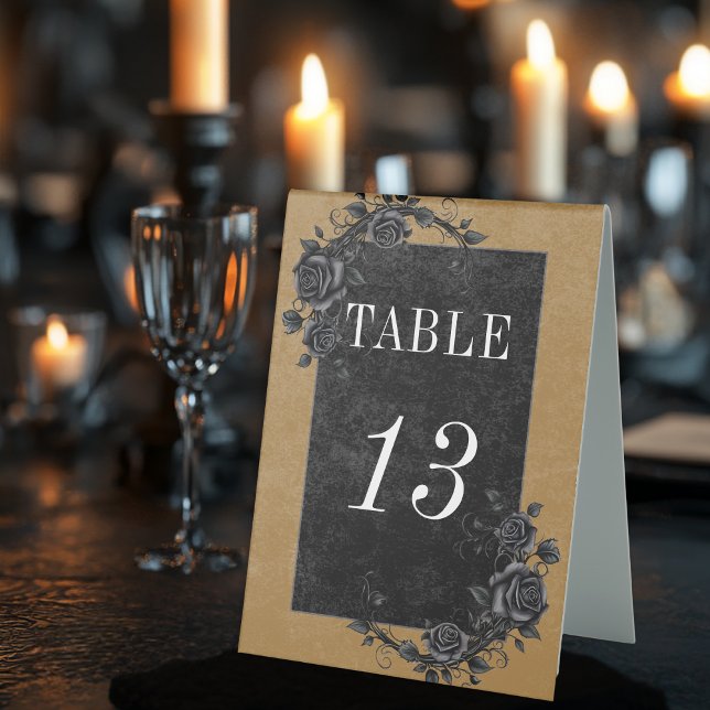 Gothic Black Raven & Black Roses Gold Wedding Table Tent (Creator Uploaded)