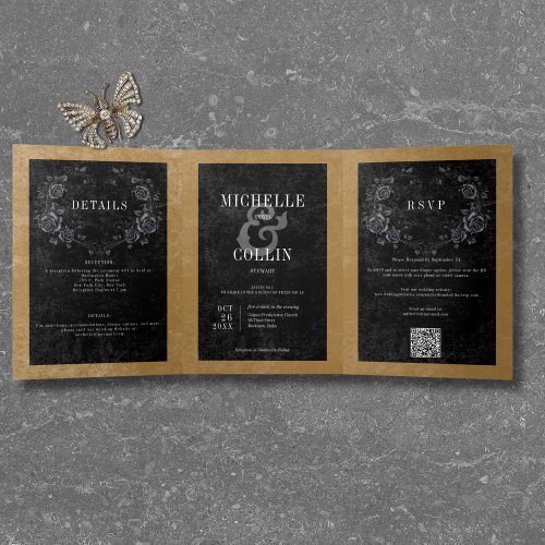 Gothic Black Raven  Black Roses Gold Wedding Tri_Fold Invitation