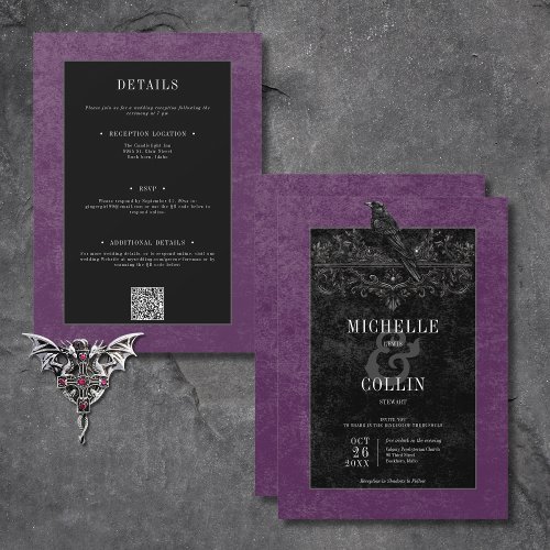 Gothic Black Raven  Black Roses Purple All In One Invitation