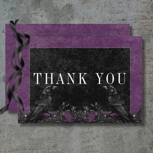 Gothic Black Raven  Black Roses Purple Details Thank You Card