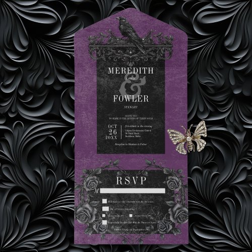 Gothic Black Raven  Black Roses Purple Dinner All In One Invitation