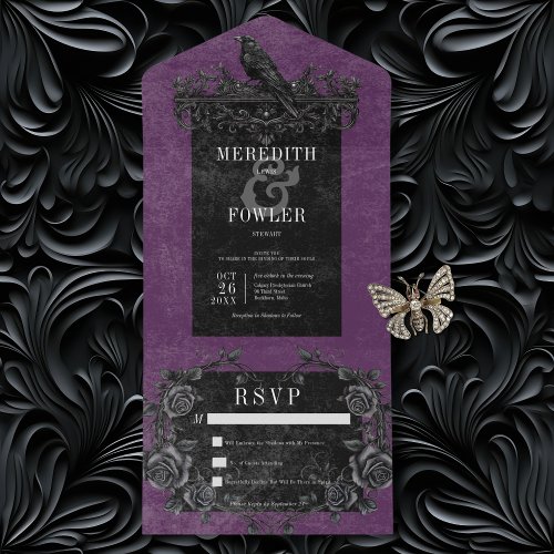 Gothic Black Raven  Black Roses Purple No Dinner All In One Invitation