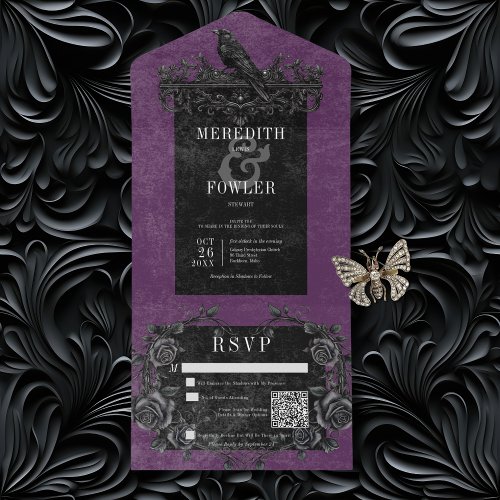 Gothic Black Raven  Black Roses Purple QR Code All In One Invitation
