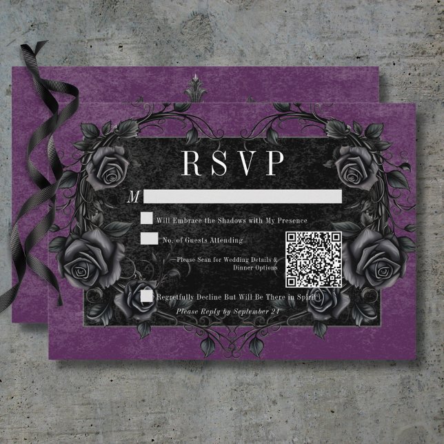 Gothic Black Raven & Black Roses Purple QR Code RSVP Card (Gothic Black Raven & Black Roses Purple QR Code RSVP Card)