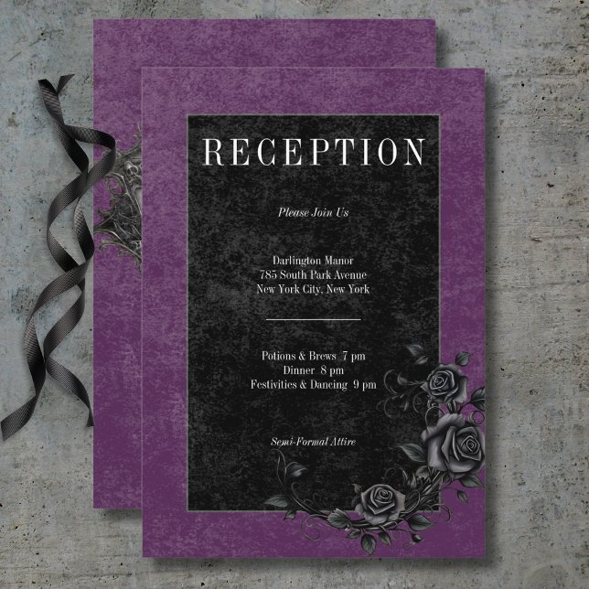 Gothic Black Raven & Black Roses Purple Reception Enclosure Card (Gothic Black Raven & Black Roses Purple Reception Enclosure Card)