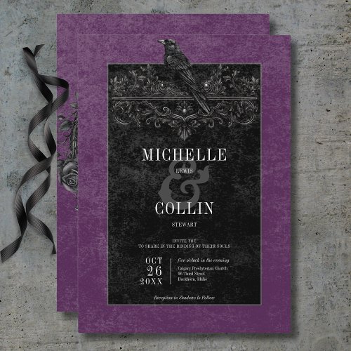 Gothic Black Raven  Black Roses Purple Wedding Invitation