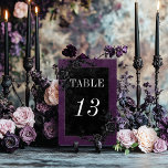 Gothic Black Raven & Black Roses Purple Wedding Table Number<br><div class="desc">Transport your guests to a world of dark, enchanting elegance with our vintage gothic wedding table number card. The deep, aged royal purple background sets the stage for a striking contrast, as bold white text emerges from intricate black text boxes. The back is adorned with two intertwining vines of black...</div>