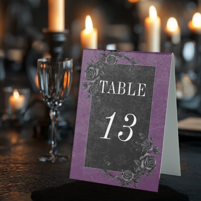 Gothic Black Raven & Black Roses Purple Wedding Table Tent (Creator Uploaded)