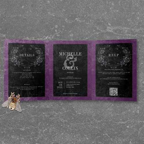 Gothic Black Raven  Black Roses Purple Wedding Tri_Fold Invitation