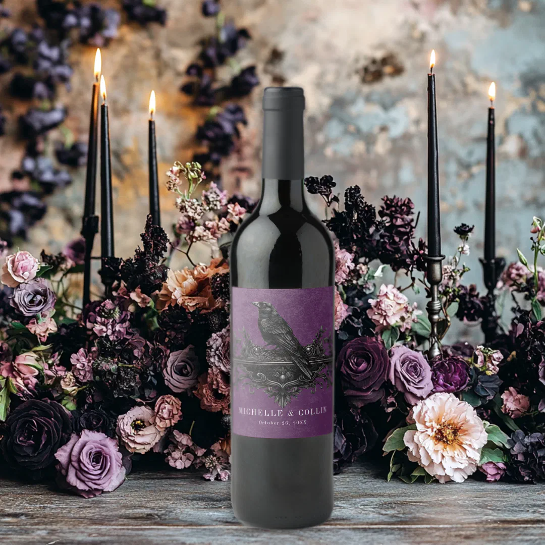 Gothic Black Raven & Black Roses Purple Wedding Wine Label
