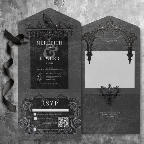 Gothic Black Raven  Black Roses QR Code All In One Invitation