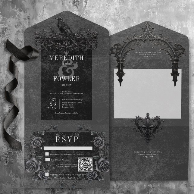 Gothic Black Raven & Black Roses QR Code All In One Invitation (Gothic Black Raven & Black Roses QR Code All In One Invitation with QR Code)