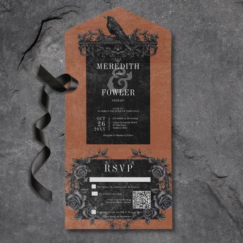 Gothic Black Raven  Black Roses Rust QR Code All In One Invitation
