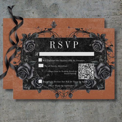 Gothic Black Raven  Black Roses Rust QR Code RSVP Card