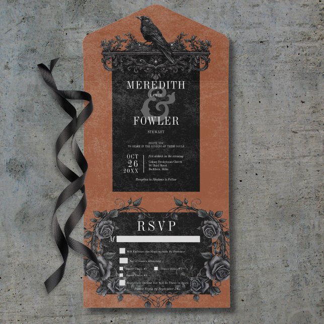Gothic Black Raven & Black Roses Rust Three Dinner All In One Invitation (Gothic Black Raven & Black Roses Rust Three Dinner All In One Invitation)