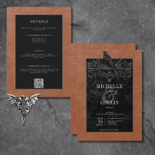 Gothic Black Raven & Black Roses Rust Two Sided Invitation