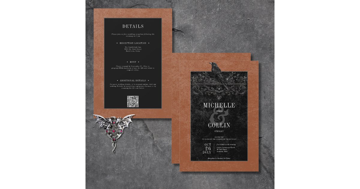 Gothic Black Raven & Black Roses Rust Two Sided Invitation | Zazzle