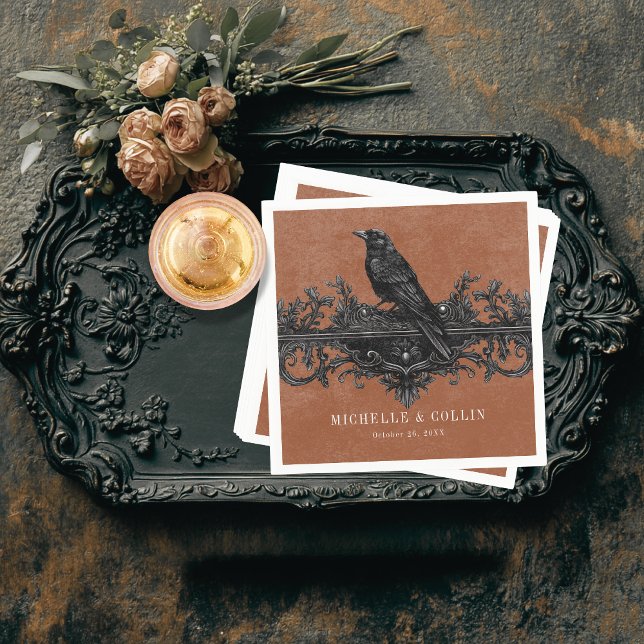 Gothic Black Raven & Black Roses Rust Wedding Napkins (Creator Uploaded)