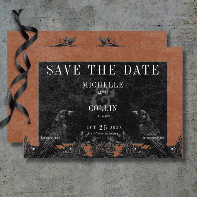 Gothic Black Raven & Black Roses Rust Wedding Save The Date (Gothic Black Raven & Black Roses Rust Wedding Save The Date Card)