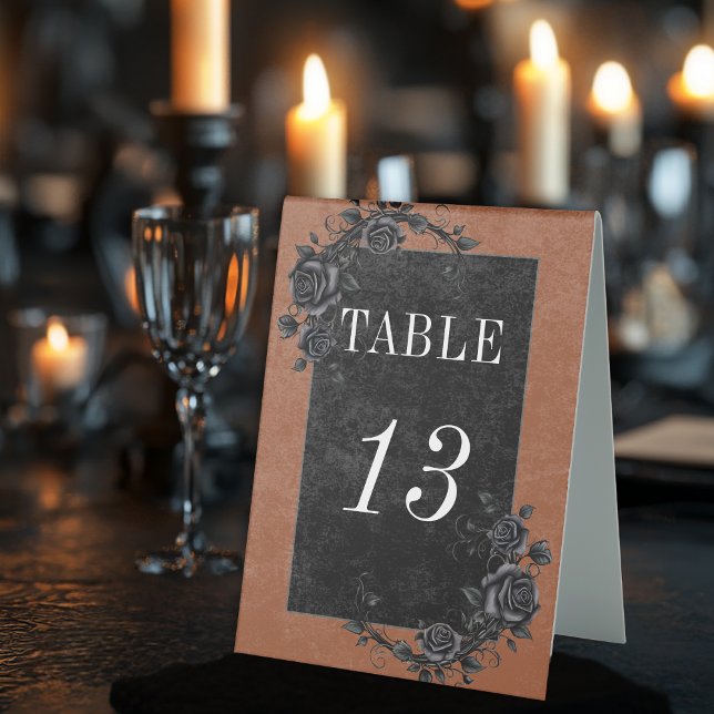 Gothic Black Raven & Black Roses Rust Wedding Table Tent (Creator Uploaded)
