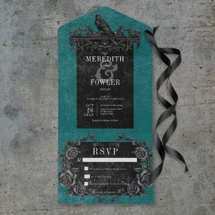 Gothic Black Raven & Black Roses Teal No Dinner All In One Invitation