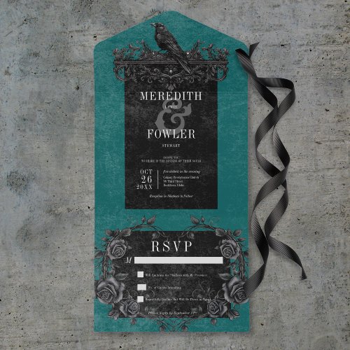 Gothic Black Raven  Black Roses Teal No Dinner All In One Invitation