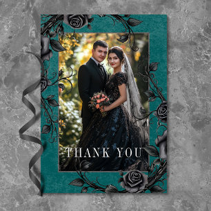 Gothic Black Raven Black Roses Teal Photo Wedding Thank You Card