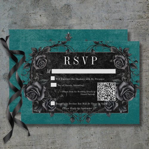 Gothic Black Raven  Black Roses Teal QR Code RSVP Card
