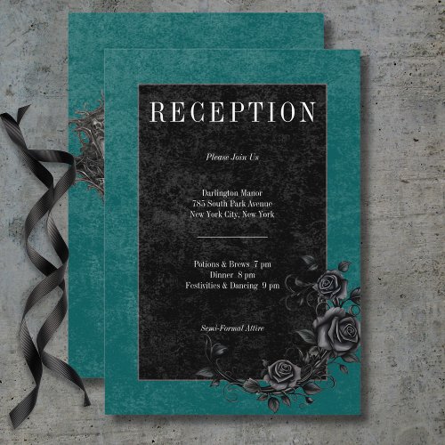 Gothic Black Raven  Black Roses Teal Reception Enclosure Card