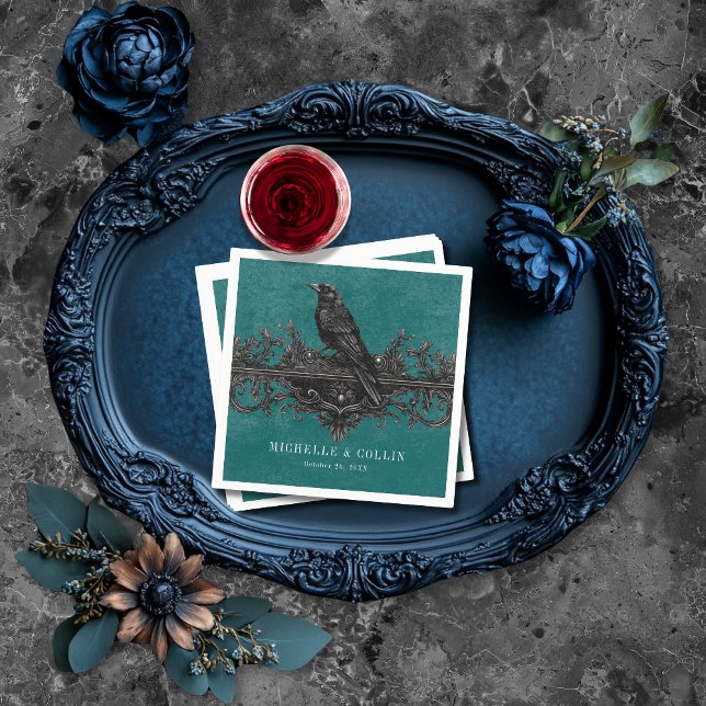 Gothic Black Raven & Black Roses Teal Wedding Napkins (Creator Uploaded)