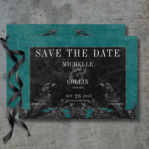 Gothic Black Raven  Black Roses Teal Wedding Save Save The Date
