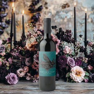 Gothic Black Raven & Black Roses Teal Wedding Wine Label