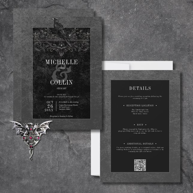 Gothic Black Raven & Black Roses Two Sided Invitation (Gothic Black Raven & Black Roses All In One Invitation)