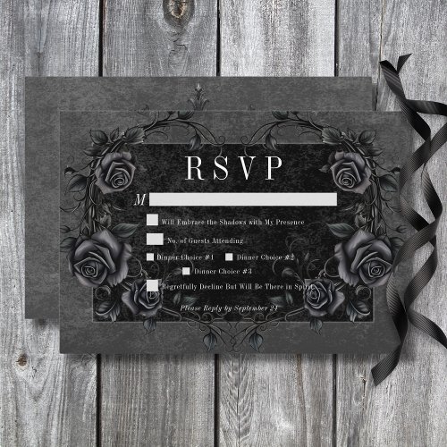 Gothic Black Raven  Black Roses Wedding Dinner RSVP Card